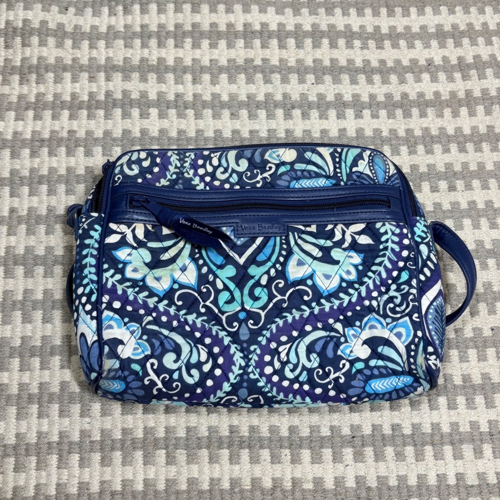 Vera Bradley Blue Paisley Quilted Triple Zip Crossbody Bag Floral Teal Navy